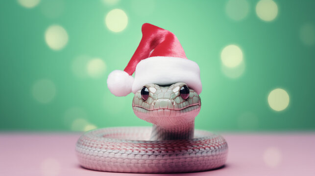 green snake in santa claus hat on light pink background, christmas bokeh background