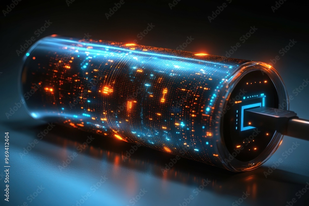 Poster a futuristic encrypted usb device with digital lights flickering as though scanning for security bre