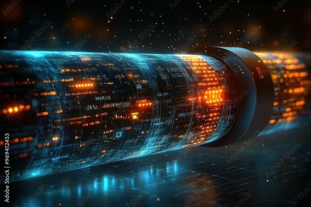 Poster a futuristic encrypted usb device with digital lights flickering as though scanning for security bre