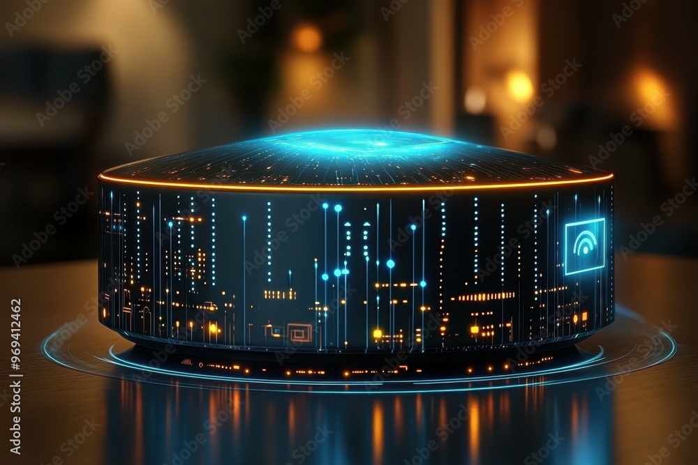 Poster a futuristic home security system hub with holographic projections symbolizing iot vulnerabilities.