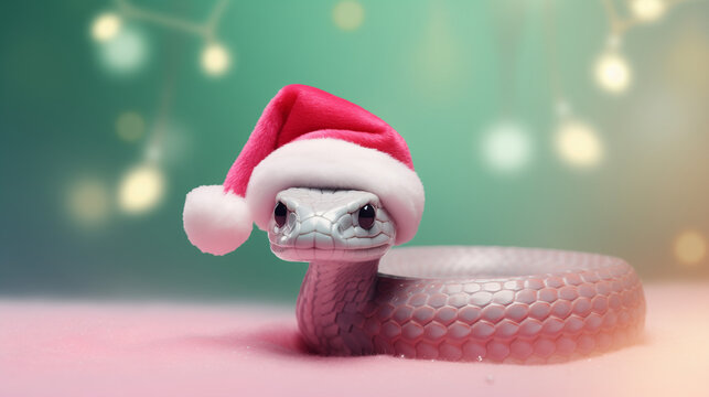green snake in santa claus hat on light pink background, christmas bokeh background