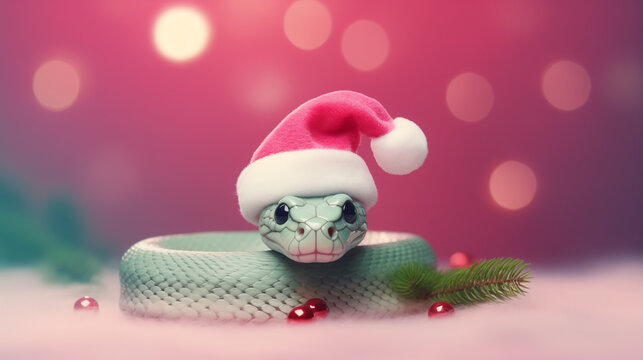 green snake in santa claus hat on light pink background, christmas bokeh background