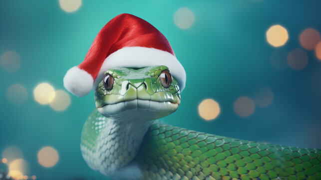 green snake in santa claus hat on light pink background, christmas bokeh background
