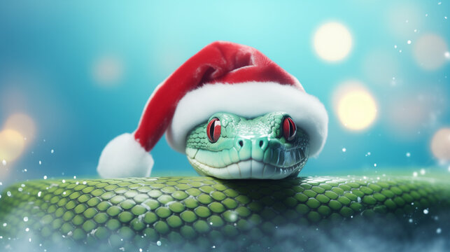 green snake in santa claus hat on light pink background, christmas bokeh background