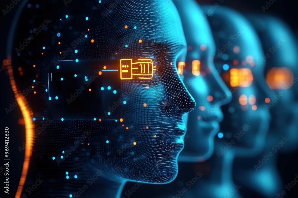 Aufkleber a high-tech facial recognition device scanning multiple faces symbolizing privacy concerns and surve