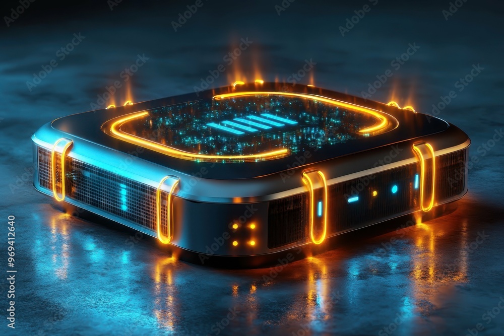 Aufkleber a futuristic vpn router glowing in a metallic and neon design symbolizing secure data tunneling.