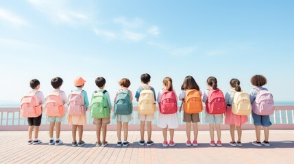 Obraz premium Back of group of kids with colorful backpacks 