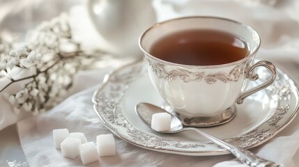 Fototapeta premium A tea set with a small bowl of sugar cubes, a silver spoon, and a napkin, creating a quaint afternoon tea vibe