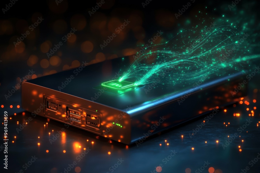 Poster a sleek external hard drive emitting green energy waves symbolizing secure vs. insecure data storage