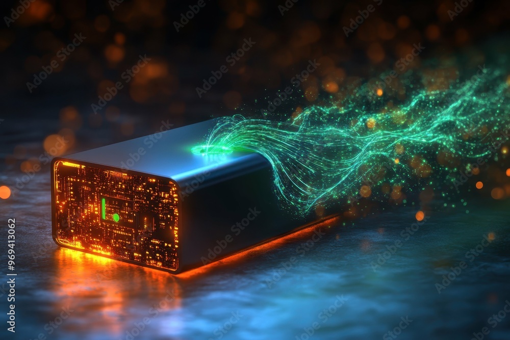Poster a sleek external hard drive emitting green energy waves symbolizing secure vs. insecure data storage