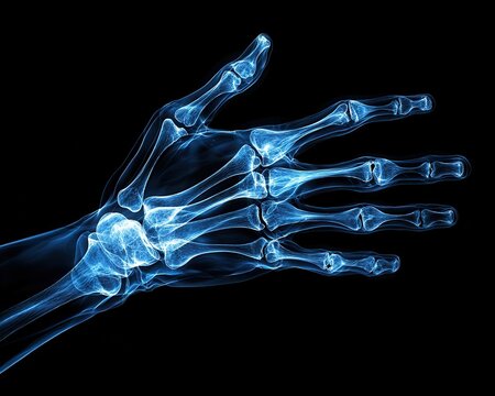 High-resolution X-ray image of a human hand, showcasing bones and joints, on a black background. Medical imaging and anatomy concept.