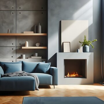 blie corner sofa near fireplace. minimalist home interior design of modern living room.