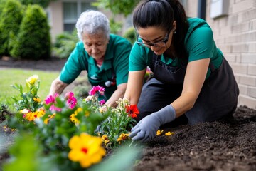 A caregiver and resident planting flowers in the care homeâ€™s garden, nurturing both the plants and their friendship