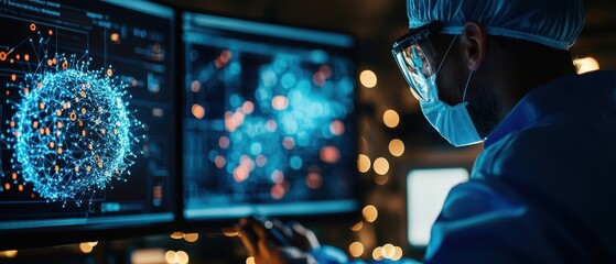 Scientist analyzing data on computer screens with digital graphics, wearing protective gear, focused on research in advanced laboratory.