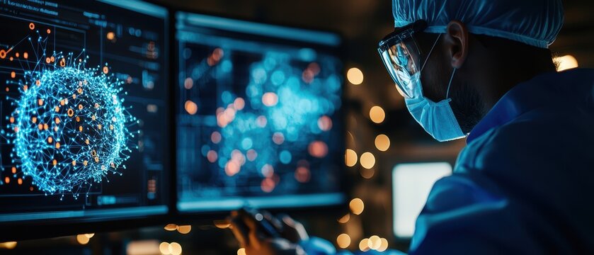 Scientist analyzing data on computer screens with digital graphics, wearing protective gear, focused on research in advanced laboratory.