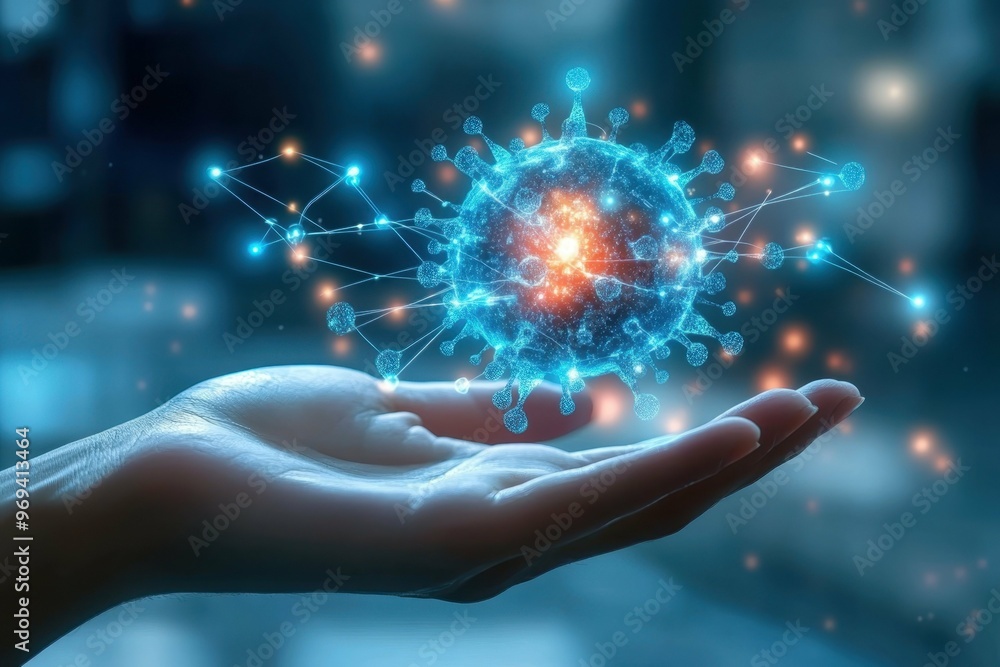 Poster hologram of a computer virus spreading like a digital wildfire through a network.