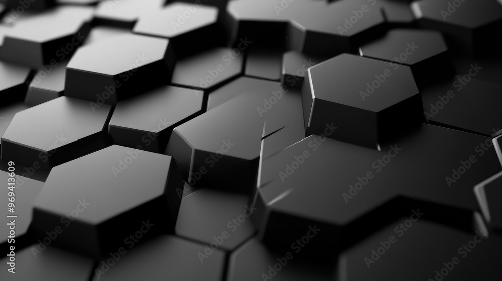 Poster abstract 3d hexagonal shapes in different sizes, creating depth and dimension on a black background 