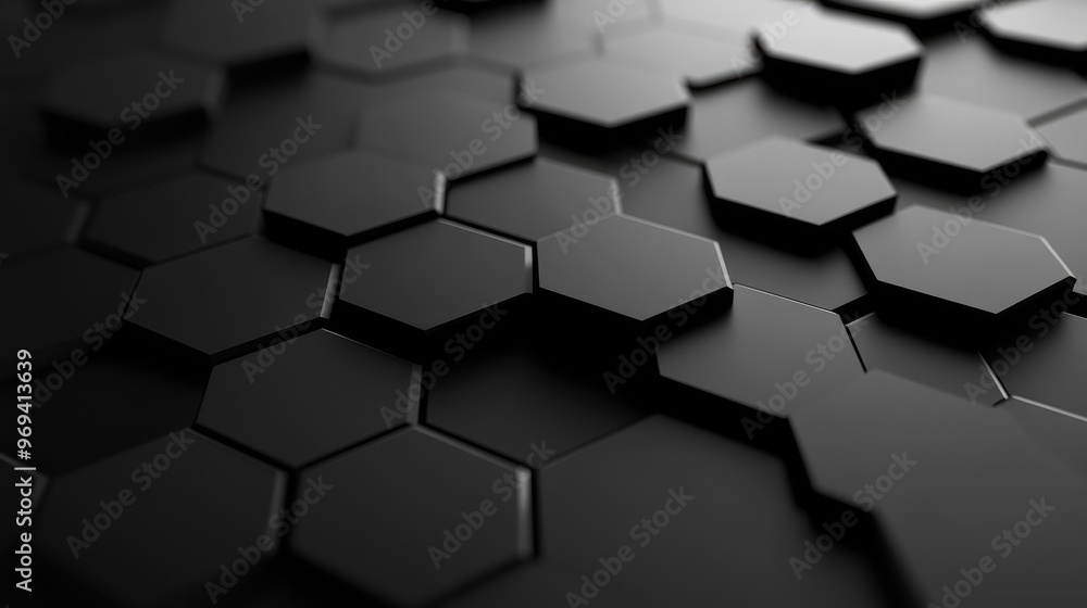 Poster abstract 3d hexagonal shapes in different sizes, creating depth and dimension on a black background 