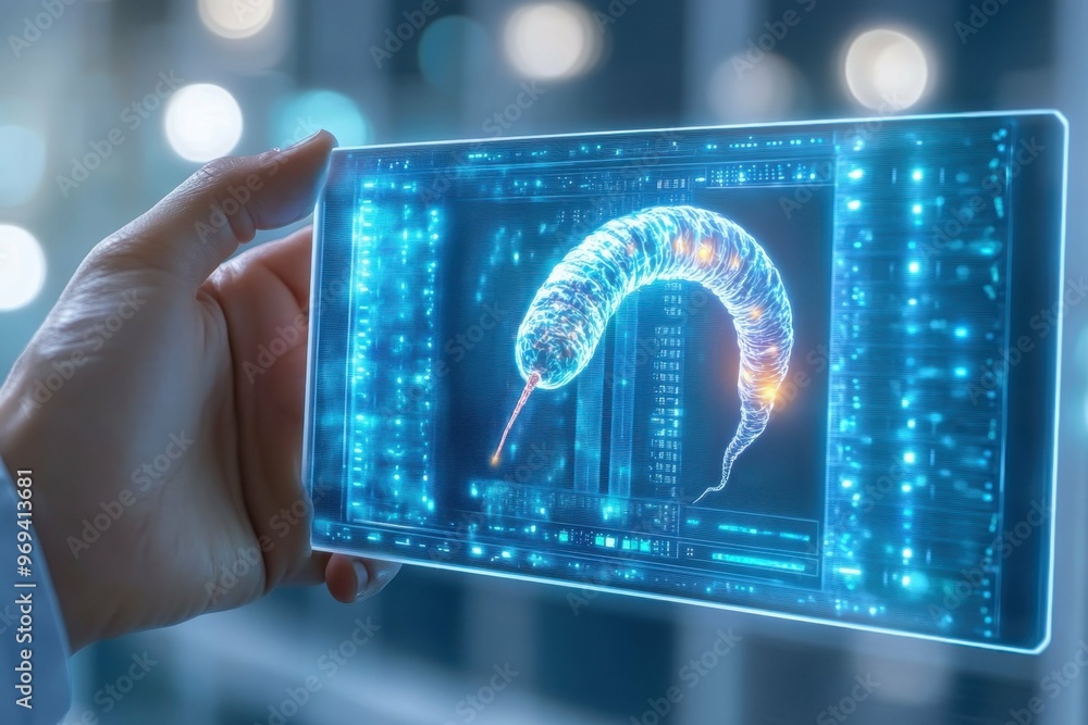Aufkleber hologram of an intruding worm inside a virtual server symbolizing an internal network breach.