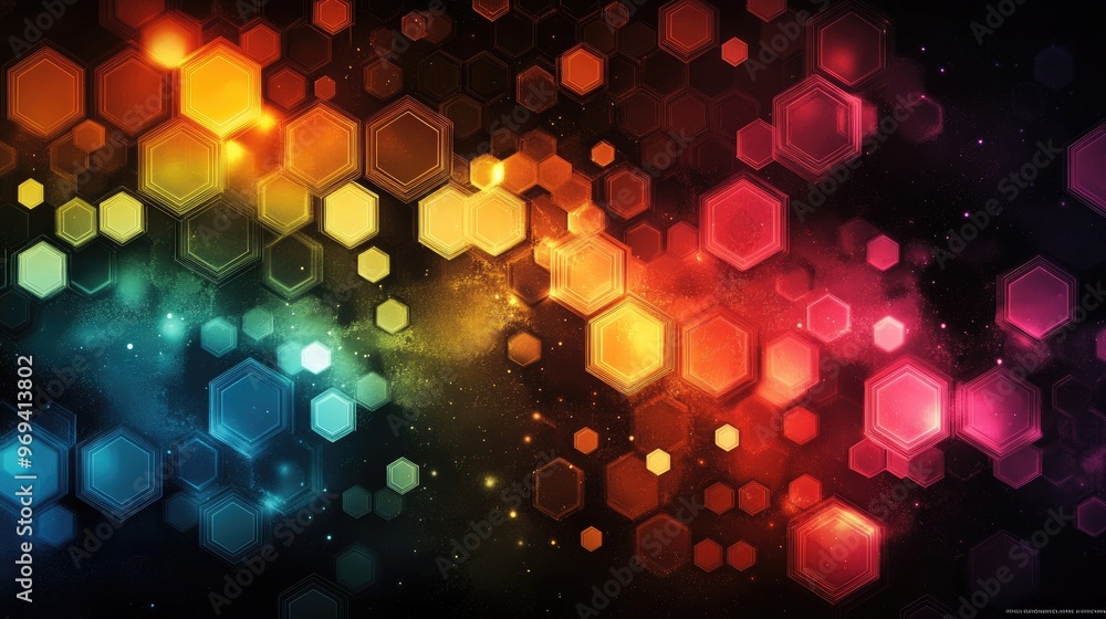 Poster abstract art of colorful hexagonal shapes on a dark background, representing creativity and modern d