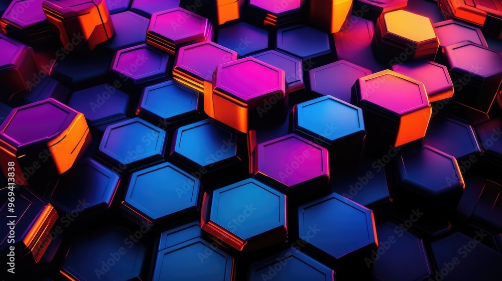 Poster abstract art of colorful hexagonal shapes on a dark background, representing creativity and modern d