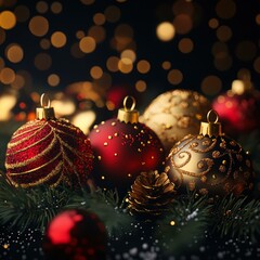 Elegant Christmas ornaments with red, gold designs lie on a pine branch with bokeh lights, perfect for holiday ads, greeting cards, and festive promotions