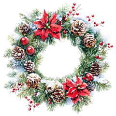 Fototapeta premium Festive Christmas wreath adorned with red poinsettias, pinecones, berries, and snow-covered foliage, perfect for holiday decorations, greeting cards, or seasonal promotions,