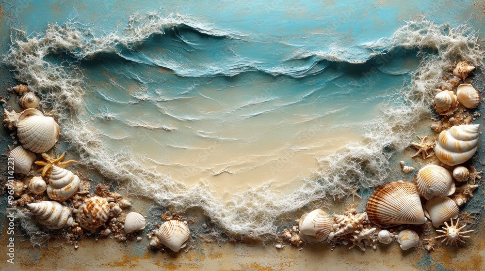 Poster a textured seaside scene with shells and waves in a coastal design.