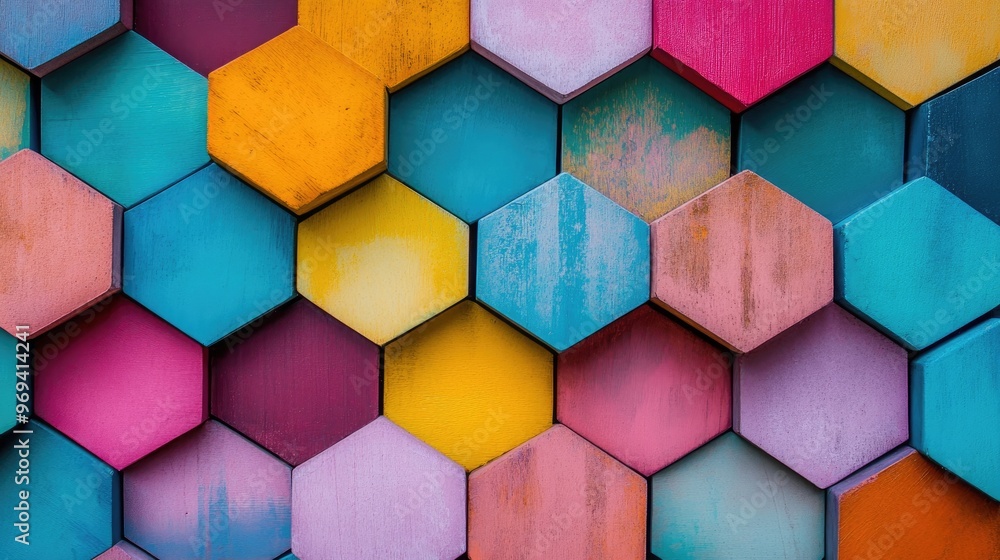 Poster abstract background with interlocking hexagonal shapes in vibrant colors, conveying a sense of unity