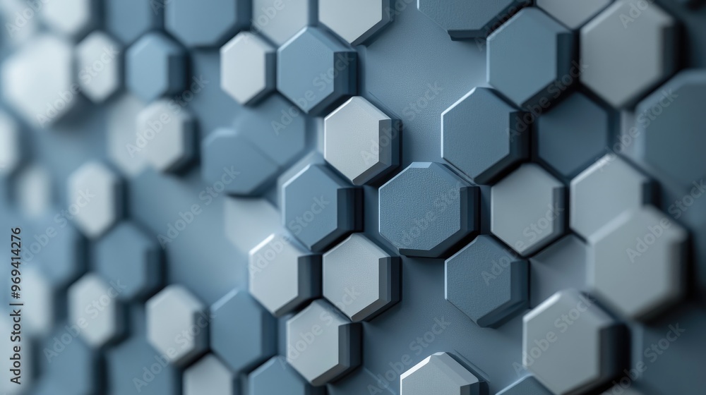 Poster abstract illustration of hexagonal patterns in shades of grey and blue, representing modern data vis