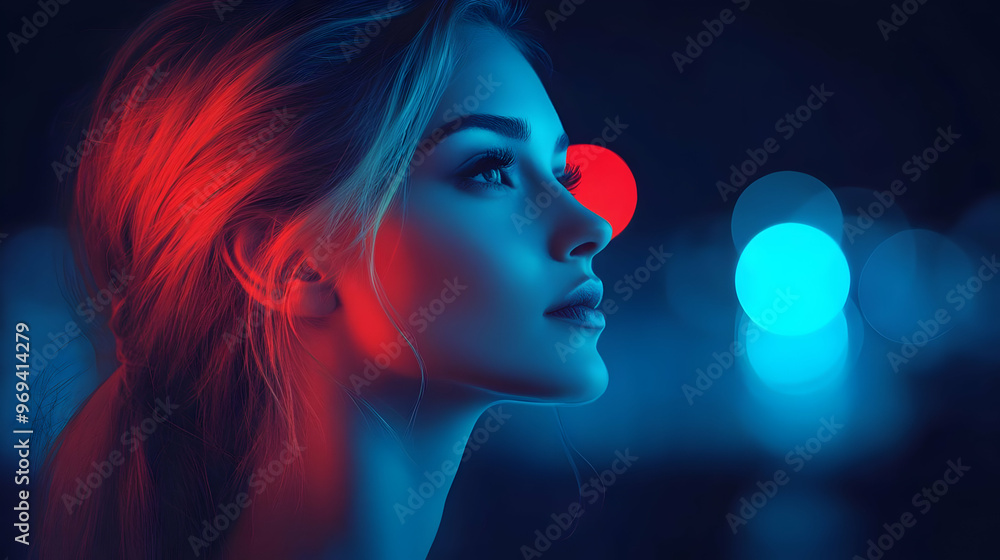 Sticker A profile of a woman illuminated by vibrant blue and red lights against a dark background.