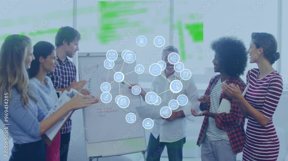 Aufkleber animation of network of icons and data processing over diverse business people in office