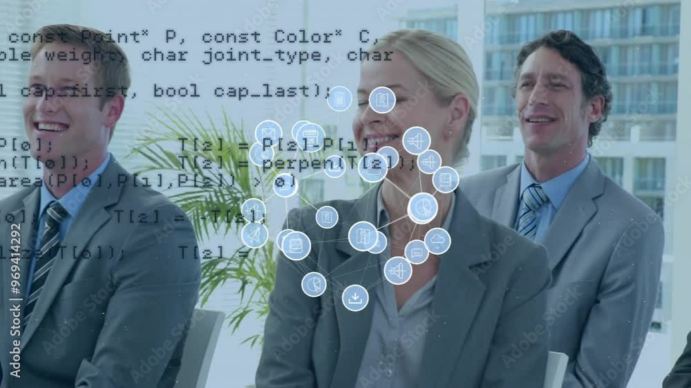 Poster animation of network of icons and data processing over diverse business people in office