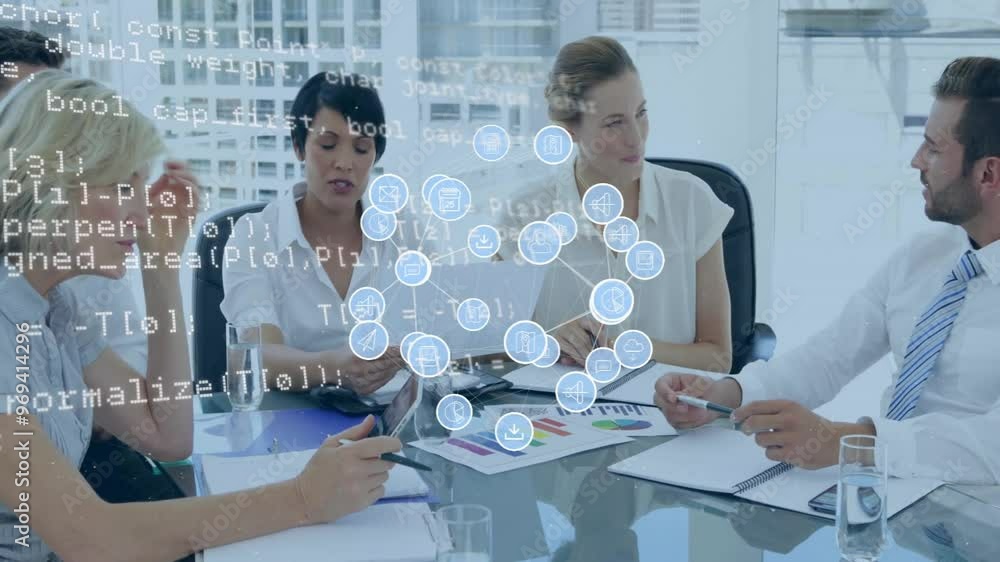 Poster animation of network of icons and data processing over diverse business people in office