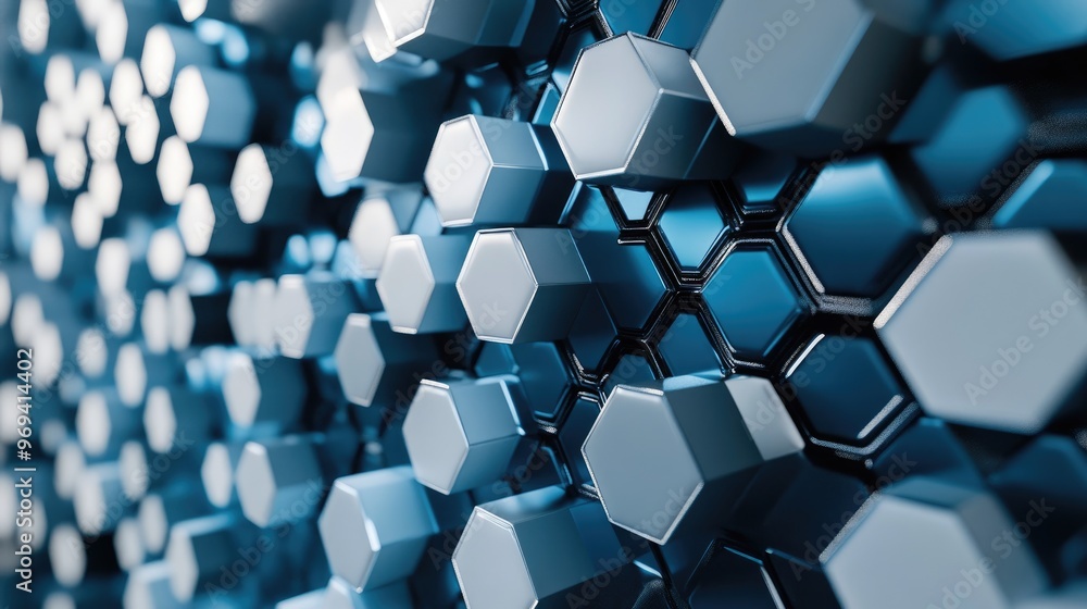 Poster abstract illustration of hexagonal patterns in shades of grey and blue, representing modern data vis