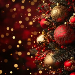 A close-up shot of a beautifully decorated Christmas tree with red and gold ornaments, sparkles, and festive bokeh lights, Perfect for holiday greeting cards, festive advertisements