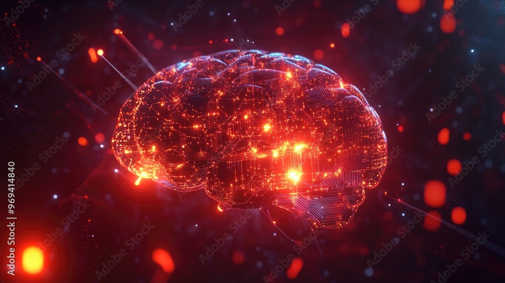 Poster an abstract 3d illustration of a brain with bright lights and circuits, representing artificial inte