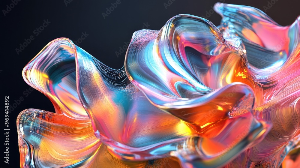 Poster an abstract 3d model with colorful, flowing shapes, representing advanced visual effects and digital