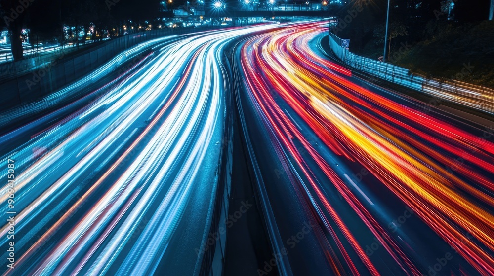 Poster an abstract background of light trails from moving cars on a busy city highway at night, creating dy