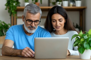 Fototapeta premium A couple researching prostate cancer treatment options together, navigating medical websites and learning about potential outcomes