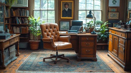Spacious Office With Wooden Desk And Bookshelves