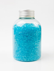 Blue Salt Crystals in Bottle Isolated, Bath Salt for Spa Relax, Cupric Sulfate or Copper Sulfate, Pool Algicide