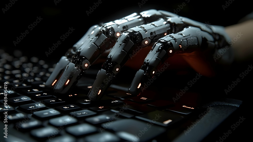 Poster a robotic hand typing on a keyboard, symbolizing technology and innovation.