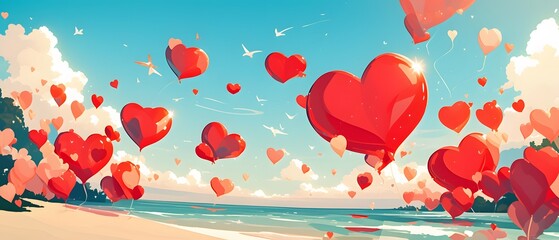 Heart Balloons Flying over Beach in Summer