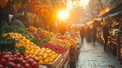 Vibrant outdoor market with fresh produce at sunset