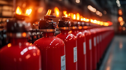 A row of red fire extinguishers ready for use in a safety-focused environment.
