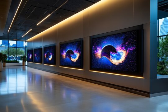 A digital art installation on multiple LED screens, showcasing a continuously evolving artwork in the lobby of a tech company
