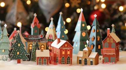 Obraz premium Christmas illustration with town, christmas tree and snow. Background for greeting card, invitation.