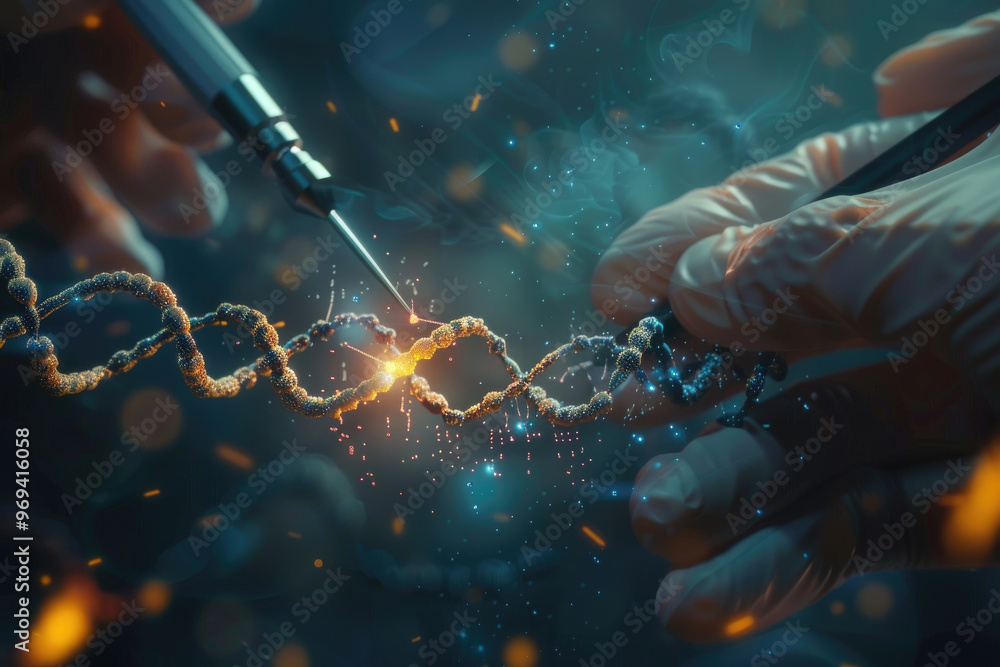 Poster hands wearing gloves engage in detailed genetic manipulation using precision tools in a high-tech la