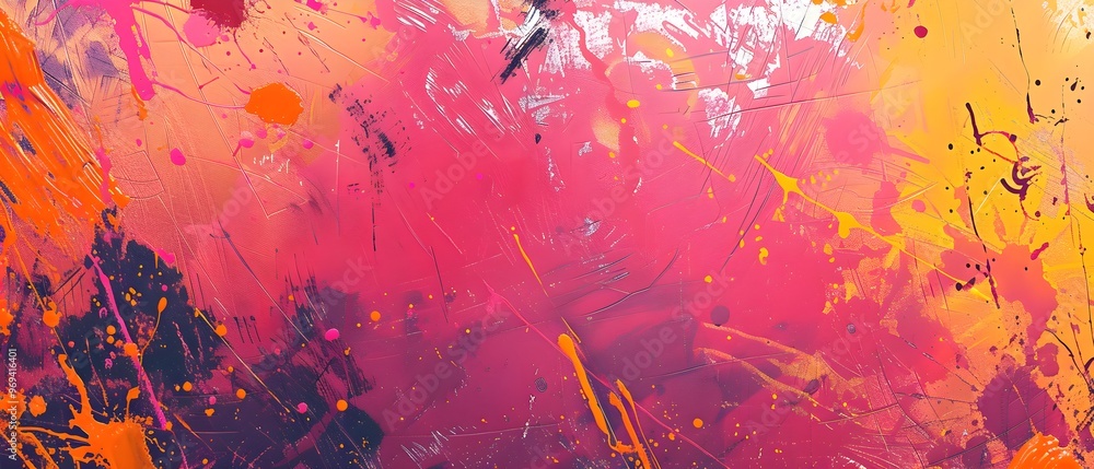 Poster dynamic abstract art featuring bold splatters of pink, orange, and yellow paint with textured brushs